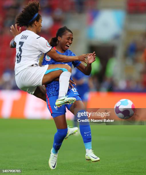 Sara Gama of Italy fouls Grace Geyoro of France and is shown a red card by match referee Rebecca Welch which is later overturned following a VAR...