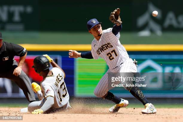 Ke'Bryan Hayes of the Pittsburgh Pirates slides past the tag of Willy Adames of the Milwaukee Brewers with a double in the third inning of the game...