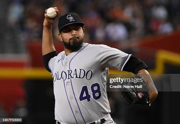 German Marquez of the Colorado Rockies delivers a first inning pitch against the Arizona Diamondbacks at Chase Field on July 10, 2022 in Phoenix,...