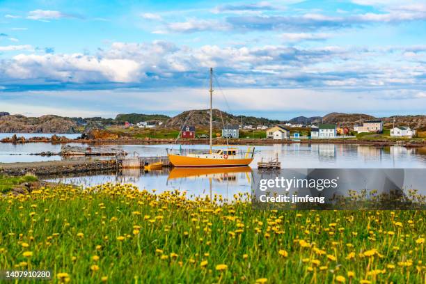 a boat parked pier in the morning, twillingate, canada - twillingate stock pictures, royalty-free photos & images