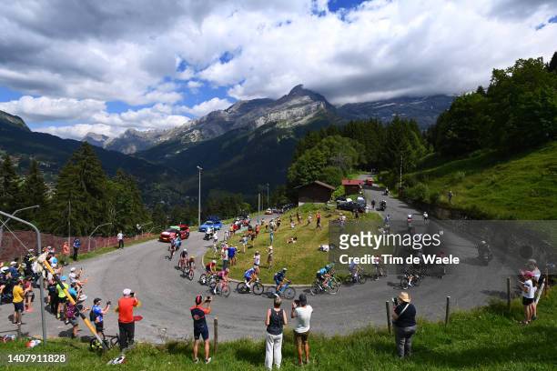 General view of the peloton passing through the Col de la Croix while fans cheer during the 109th Tour de France 2022, Stage 9 a 192,9km stage from...