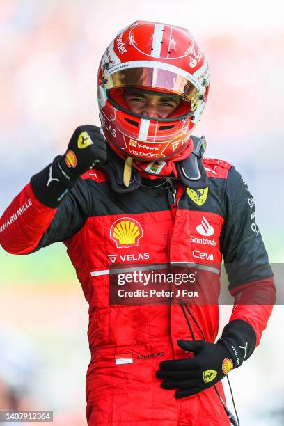 Charles Leclerc of Ferrari and Monaco celebrates finishing in first position during the F1 Grand Prix of Austria at Red Bull Ring on July 10, 2022 in...