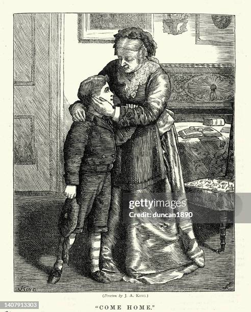 vintage-illustration, junge, der seine großmutter besucht, viktorianisch, 1870er jahre, 19. jahrhundert - grandparent stock-grafiken, -clipart, -cartoons und -symbole