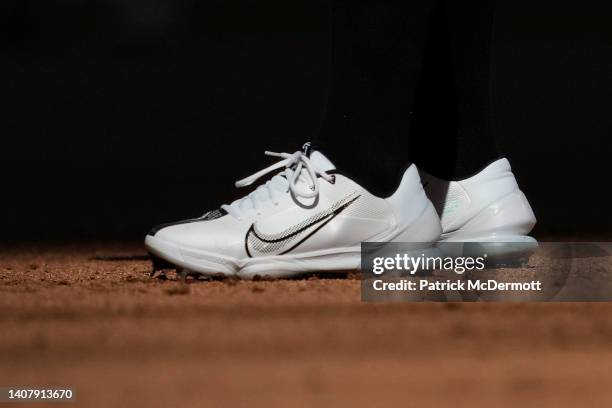 Detail view of the NIke baseball cleats worn by Yoshi Tsutsugo of the Pittsburgh Pirates in the fifth inning against the Milwaukee Brewers at...