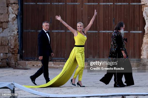 Actress Sharon Stone is seen the Dolce & Gabbana haute couture fall/winter man 22/23 event at Marzamemi on July 10, 2022 in Siracusa, Italy.