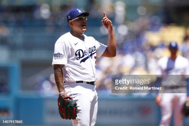 Julio Urias of the Los Angeles Dodgers after throwing against the Chicago Cubs in the first inning at Dodger Stadium on July 10, 2022 in Los Angeles,...