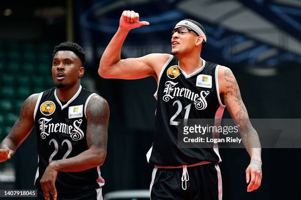 Isaiah Austin of the Enemies reacts to a play during the game against the 3 Headed Monsters in BIG3 Week Four at Comerica Center on July 10, 2022 in...