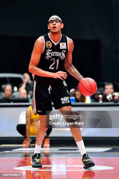 Isaiah Austin of the Enemies handles the ball against the 3 Headed Monsters during the game in BIG3 Week Four at Comerica Center on July 10, 2022 in...