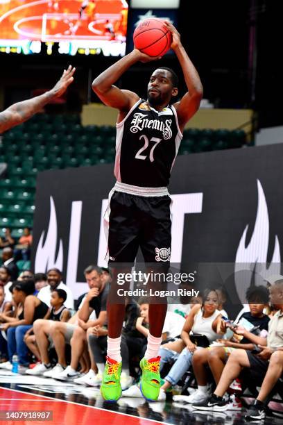 Jordan Crawford of the Enemies shoots the ball during the game against the 3 Headed Monsters in BIG3 Week Four at Comerica Center on July 10, 2022 in...
