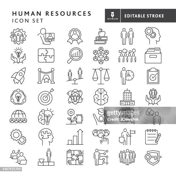 human resources, job and employee searches, interviewing and recruiting, team work, business people big thin line icon set - editable stroke - filing documents stock illustrations