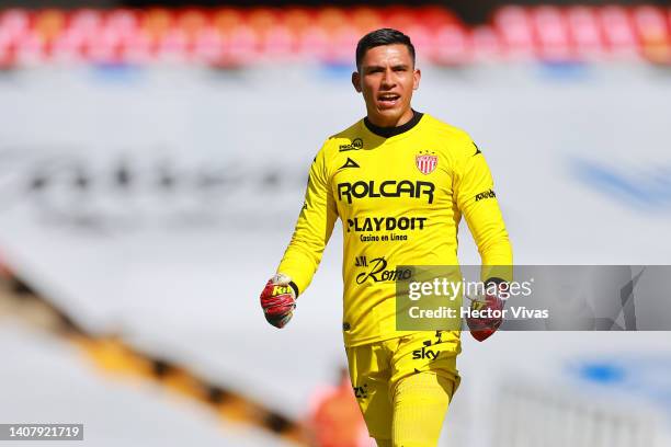 Luis Malagon goalkeeper of Necaxa celebrates after his team’s first goal during the 2nd round match between Queretaro and Necaxa as part of the...