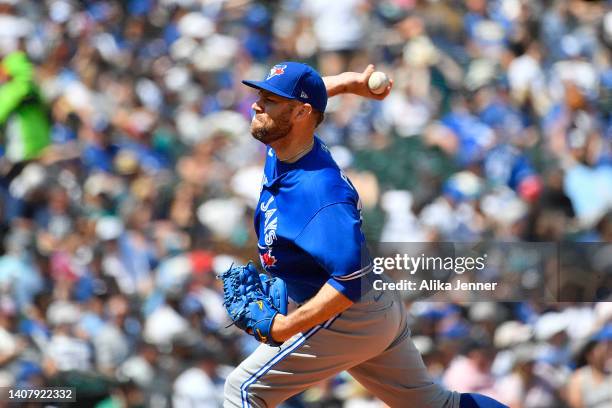 David Phelps of the Toronto Blue Jays throws a pitch during the fifth inning against the Seattle Mariners at T-Mobile Park on July 10, 2022 in...