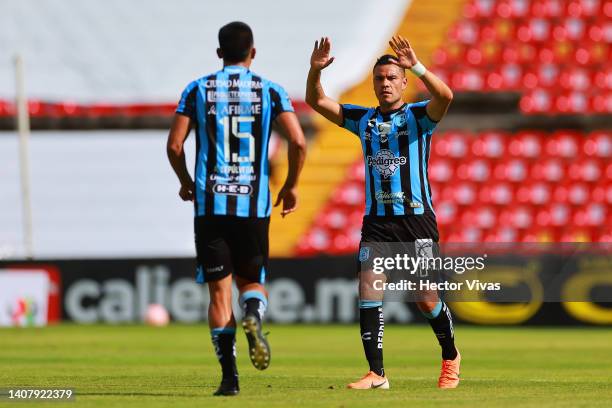 Pablo Barrera of Queretaro celebrates the first goal of his team scored by an own goal from Milton Gimenez of Necaxa during the 2nd round match...