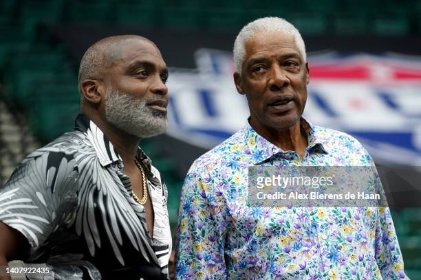 Cuttino Mobley of the Power and head coach Julius Erving of the Tri-State look on during the game against the Ball Hogs in BIG3 Week Four at Comerica...