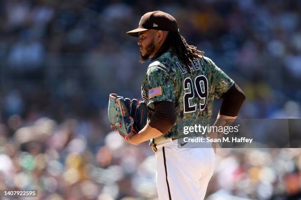 Dinelson Lamet of the \p looks on during the seventh inning of a game against the San Francisco Giants at PETCO Park on July 10, 2022 in San Diego,...