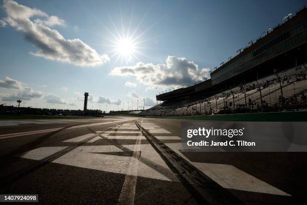 Detail view of the "ATLANTA" stencil on the track during the NASCAR Cup Series Quaker State 400 at Atlanta Motor Speedway on July 10, 2022 in...