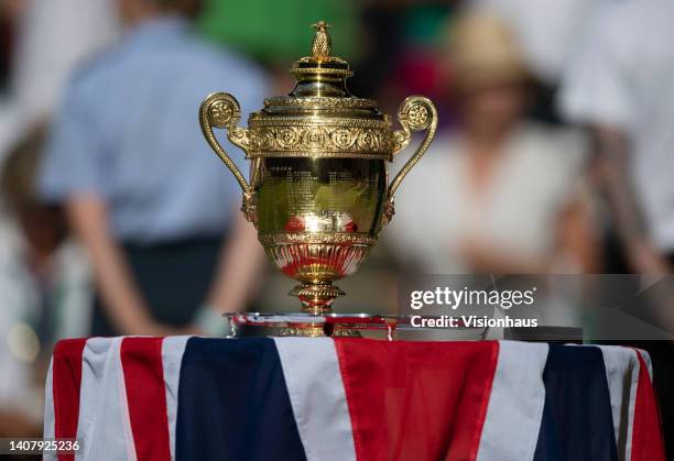 The Wimbledon Men's Singles Final trophy sits on a union flag during the presentation of the Men's Singles Final match on day fourteen of The...