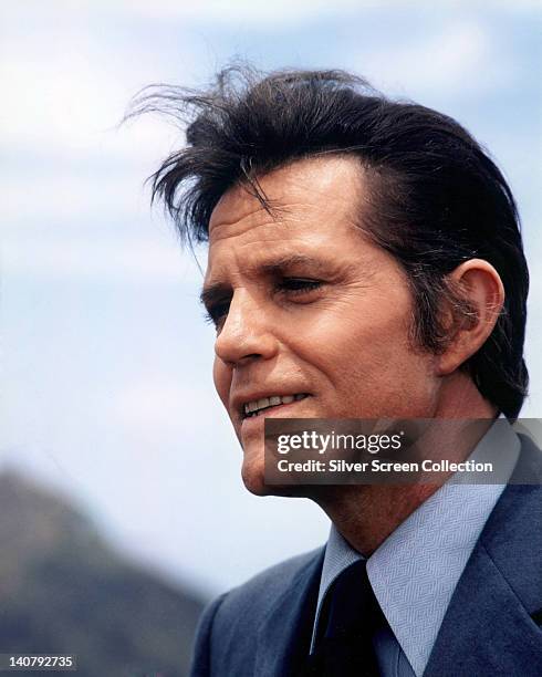 Headshot of Jack Lord , US actor, in a profile in a publicity portrait issued for the US television series. 'Hawaii Five-0', USA, circa 1975. The...