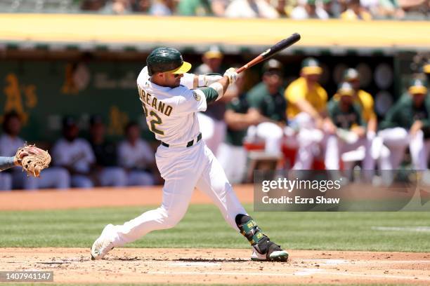 Ramon Laureano of the Oakland Athletics bats against the Houston Astros at RingCentral Coliseum on July 10, 2022 in Oakland, California.