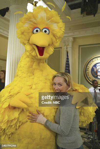Eppur Si Muove" Episode 16 -- Aired -- Pictured: Nina Siemaszko as Ellie Bartlet, Big Bird -- Photo by: Mitch Haddad/NBCU Photo Bank