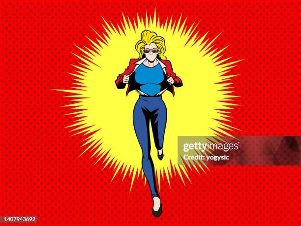 vektor pop art weiblicher superheld wechselndes kostüm stock illustration - heldin stock-grafiken, -clipart, -cartoons und -symbole