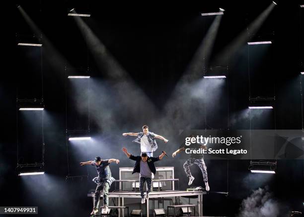 Kendall Schmidt, Logan Henderson, Carlos PenaVega and James Maslow of Big Time Rush perform at Michigan Lottery Amphitheatre on July 10, 2022 in...