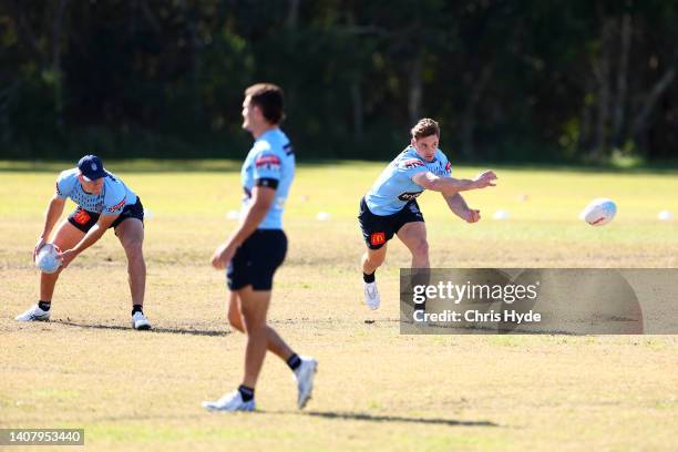 Cameron Murray passes during a New South Wales Blues Training Session on July 11, 2022 in Kingscliff, Australia.