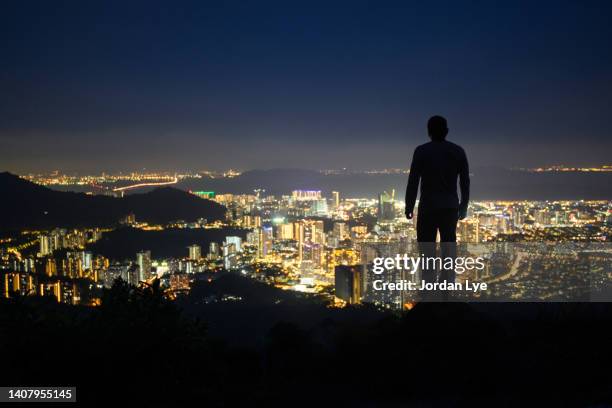man looking over cityscape at night, rear view - apex mind review foto e immagini stock