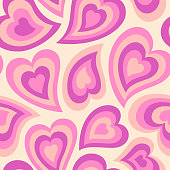 Groovy Hearts Seamless Pattern. Psychedelic Distorted Vector Background in 1970s-1980s Hippie Retro Style
