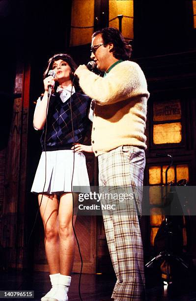 Episode 14 -- Pictured: Pamela Sue Martin as wife, and Jim Belushi as That White Guy during the 'That White Guy & His Wife' skit on February 16, 1985...