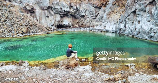 view of a tourist sitting and looking to a green water puddle amongst basalt in la palma, canary islands - column stock pictures, royalty-free photos & images