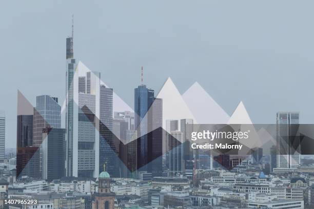 aerial view of the business district in frankfurt am main. overlaying line chart symbolizing the dax stock market index, interest rates, the digital euro, the european economy, financial risk, money markets and recession - dax index stockfoto's en -beelden