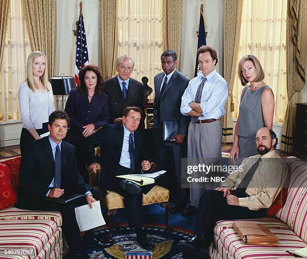 Pictured: Janel Moloney as Donna Moss, Rob Lowe as Sam Seaborn, Stockard Channing as Abbey Bartlet, Martin Sheen as President Josiah "Jed" Bartlet,...