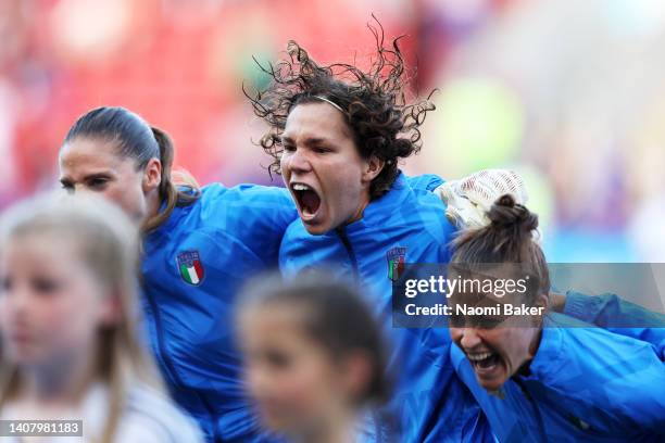 Elena Linari of Italy sings the national anthem with her team during the UEFA Women's Euro England 2022 group D match between France and Italy at The...