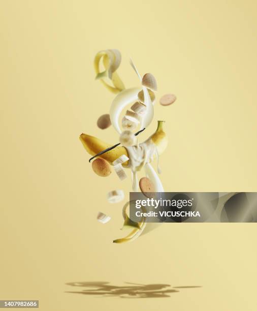 flying banana pudding ingredients - seasoning mid air stock pictures, royalty-free photos & images