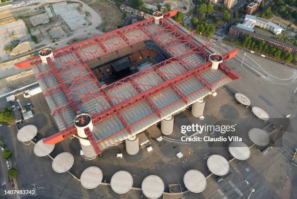 An aerial view of Stadio Giuseppe Meazza on July 07, 2022 in Milan, Italy.