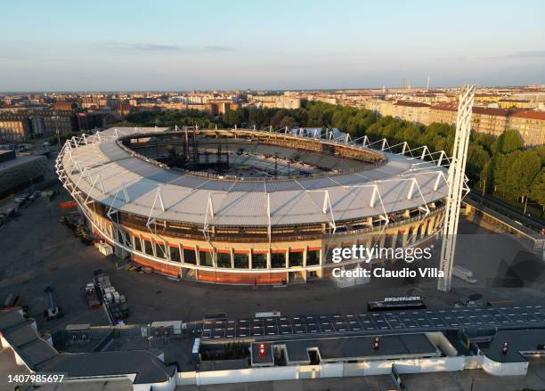An aerial view of Olimpico Stadium, home of Torino FC, at sunrise on July 10, 2022 in Turin, Italy.