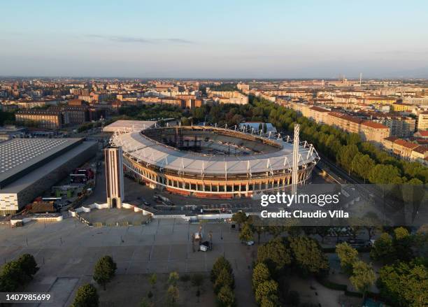 An aerial view of Olimpico Stadium, home of Torino FC, at sunrise on July 10, 2022 in Turin, Italy.