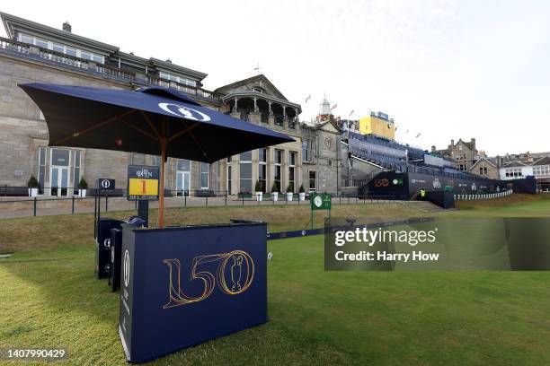 General view of the 1st tee during a practice round prior to The 150th Open at St Andrews Old Course on July 11, 2022 in St Andrews, Scotland.