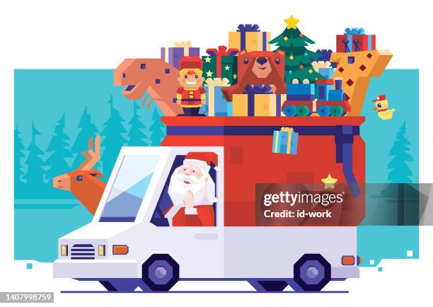 der weihnachtsmann trägt geschenke und spielzeug im van - funny import stock-grafiken, -clipart, -cartoons und -symbole