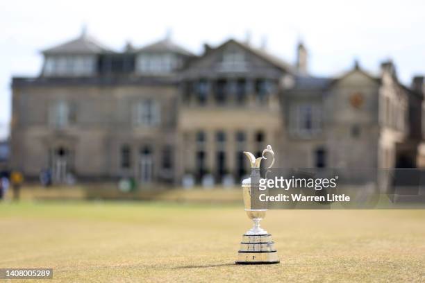 Detailed view of The Claret Jug Trophy during a practice round prior to The 150th Open at St Andrews Old Course on July 11, 2022 in St Andrews,...