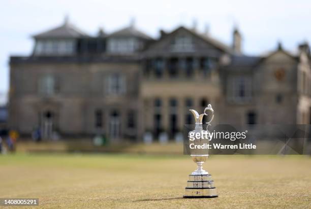 Detailed view of The Claret Jug Trophy during a practice round prior to The 150th Open at St Andrews Old Course on July 11, 2022 in St Andrews,...