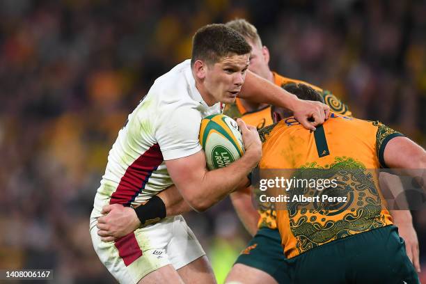 Owen Farrell of England is tackled during game two of the International Test Match series between the Australia Wallabies and England at Suncorp...