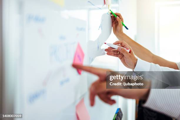 female coach present project on whiteboard - whiteboard bildbanksfoton och bilder