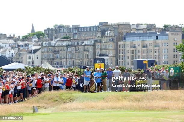 Rory McIlroy of Northern Ireland tees off the 3rd during a practice round prior to The 150th Open at St Andrews Old Course on July 11, 2022 in St...