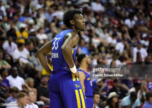 James Wiseman of the Golden State Warriors stands on the court during a break in a game against the San Antonio Spurs during the 2022 NBA Summer...