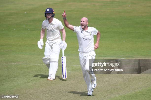 Chris Rushworth of Durham Celebrates the wicket of Billy Godleman of Derbyshire during day 1 of the LV= Insurance County Championship match between...