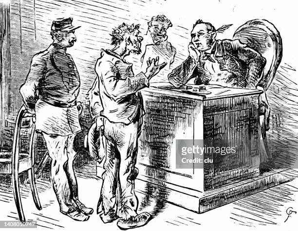 stockillustraties, clipart, cartoons en iconen met accused man standing in front of the judge, talking to him - 1890 1899