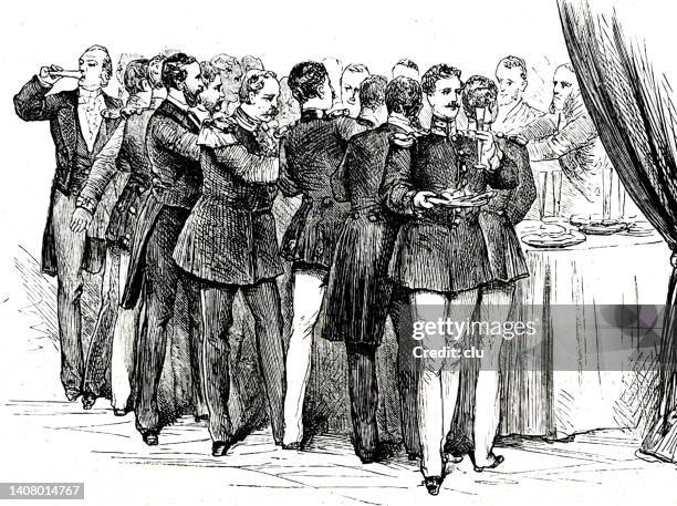 men at the cold buffet - buffet line stock illustrations