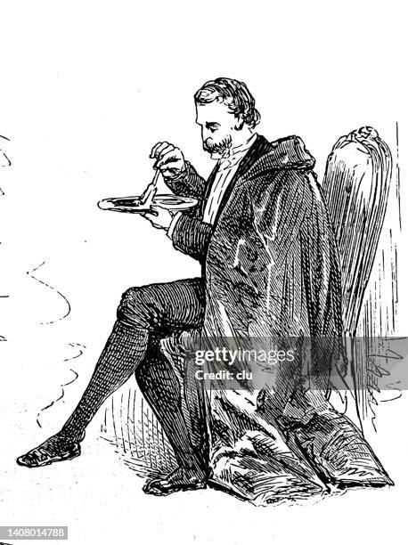actor taking his lunch sitting on chair, without table - comedy stage stock illustrations